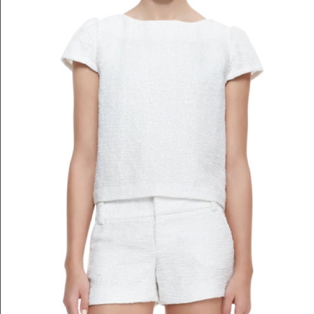 Alice + Olivia Boxy tweed and metallic white top Medium
